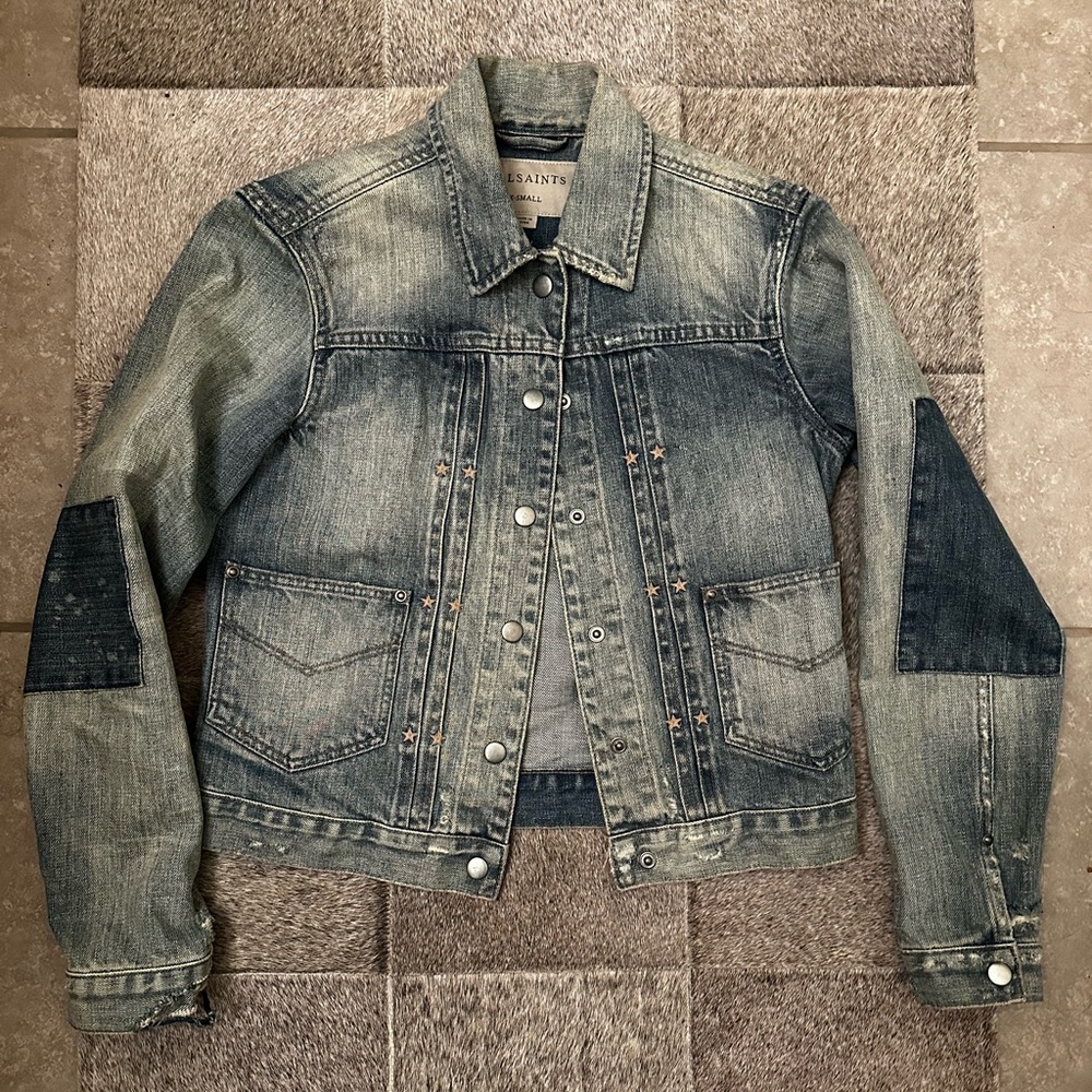 All Saints Serene Denim Jacket in Light Washed Distressed Denim